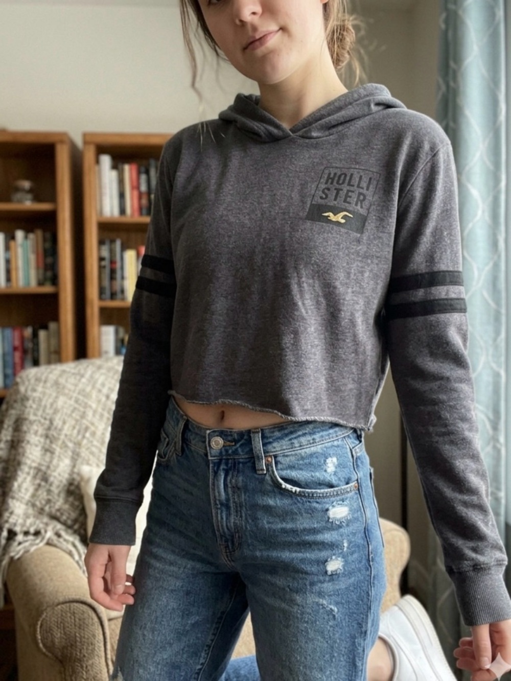 Hollister Dark Gray Cropped Hoodie with Black Stripe Detail